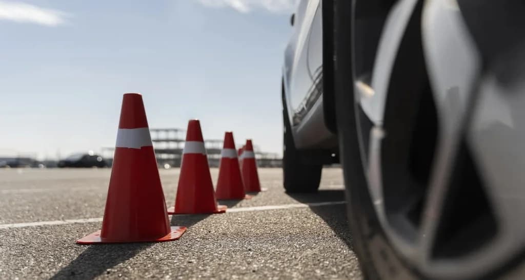 Conos de seguridad vial y rueda de vehículo en pista de práctica